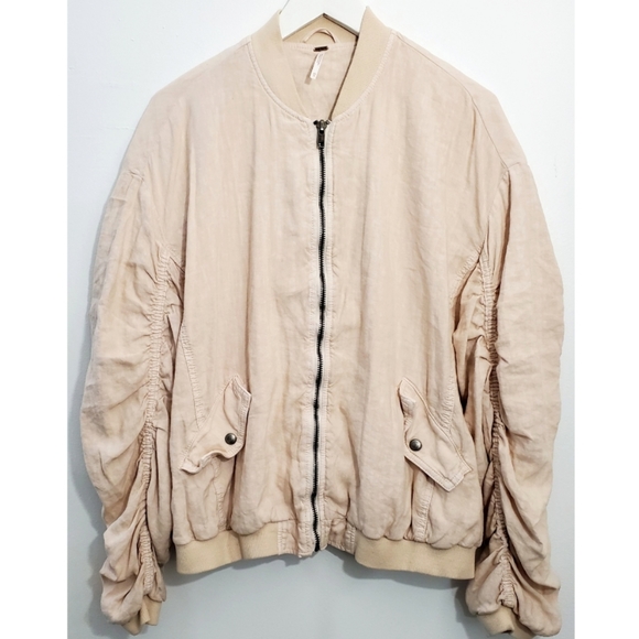 Free People Natural Pink Rouched Bomber Jacket - Picture 3 of 8